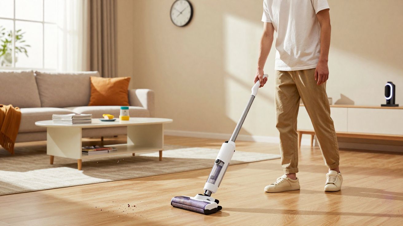 Pessoa limpando piso de madeira com aspirador sem fio em sala de estar iluminada e mobiliada.