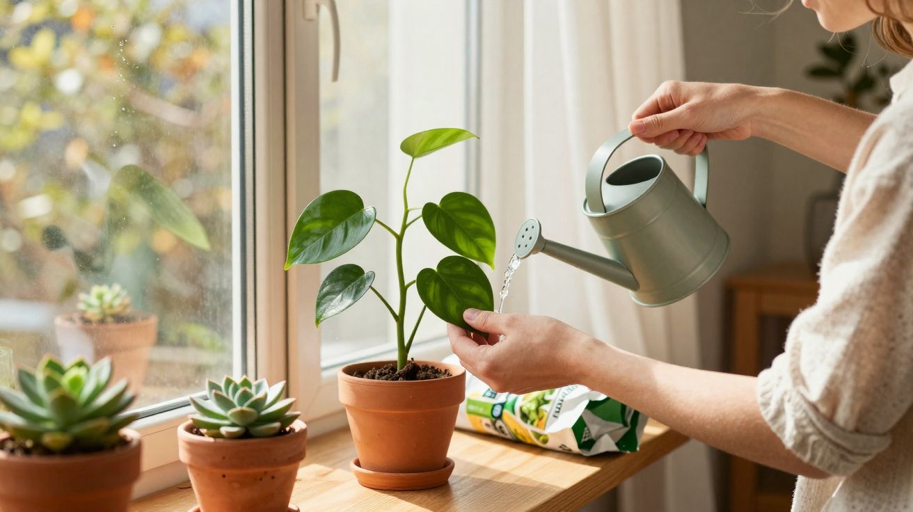 Pessoa regando planta com regador metálico em janela com outras plantas em vasos de barro.