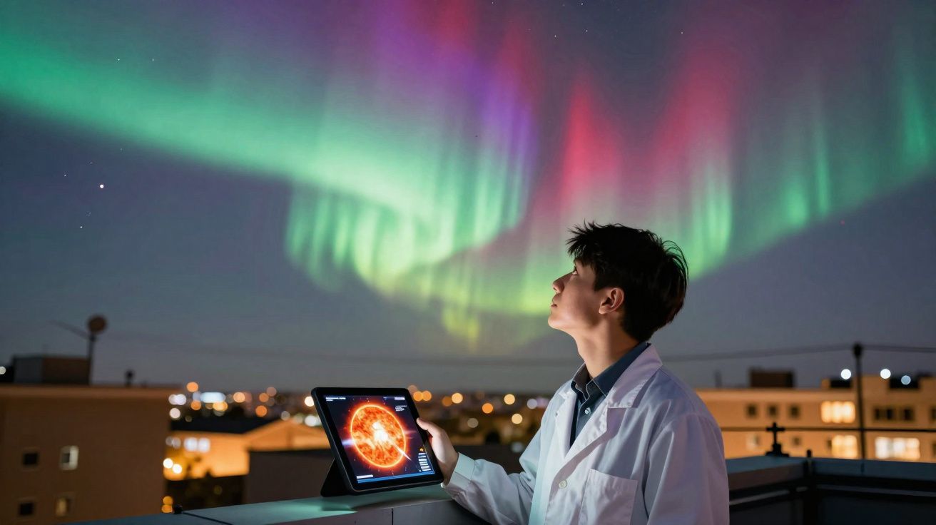 Jovem cientista observa a aurora boreal enquanto segura tablet com imagem do sol à noite.