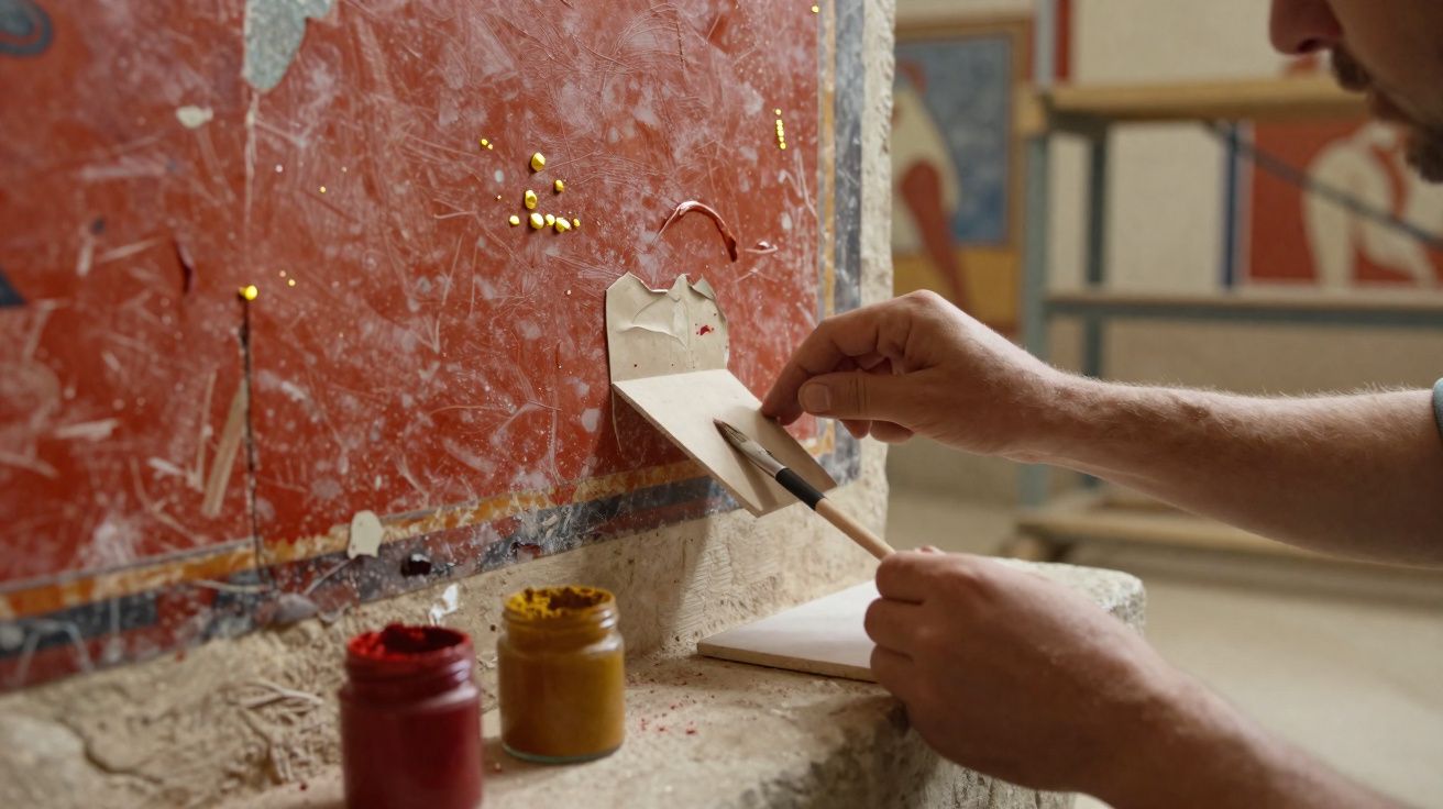 Pessoa restaurando pintura mural antiga com ferramentas e tintas em frascos pequenos.