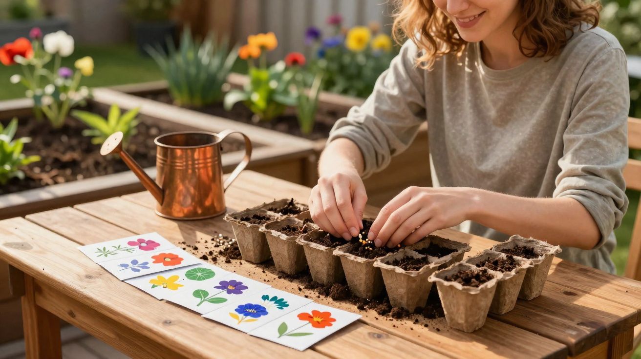 Mulher plantando sementes em pequenos vasos de papel com regador e desenhos de flores na mesa de madeira.