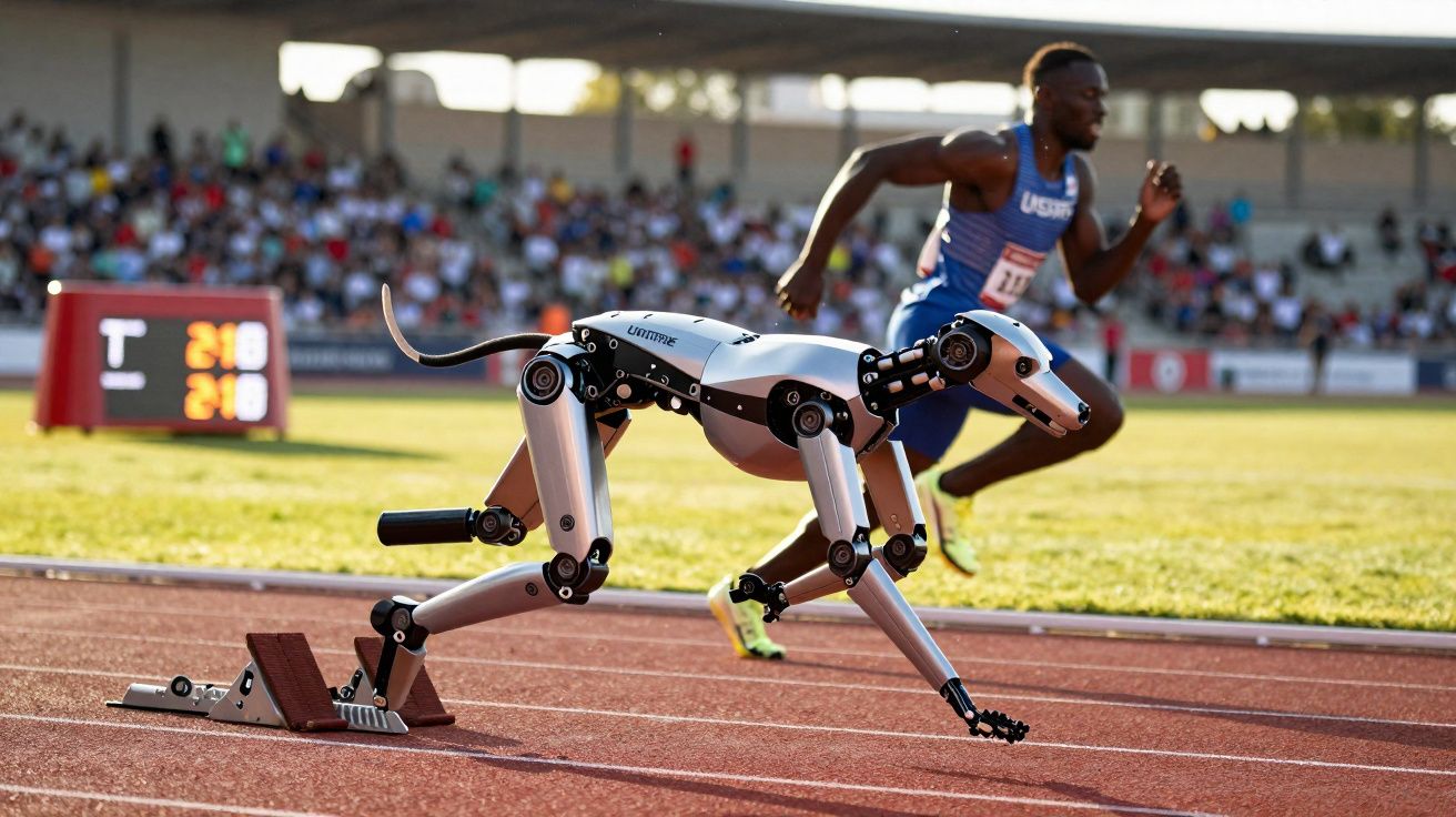 Robô em forma de cachorro correndo em pista ao lado de atleta durante competição em estádio.