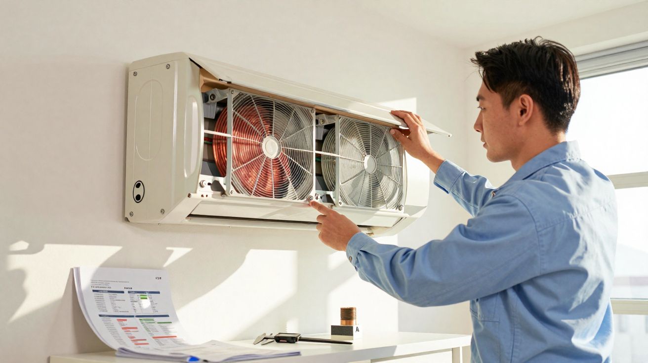 Tecnico verificando a parte interna de um ar-condicionado instalado em uma parede branca.