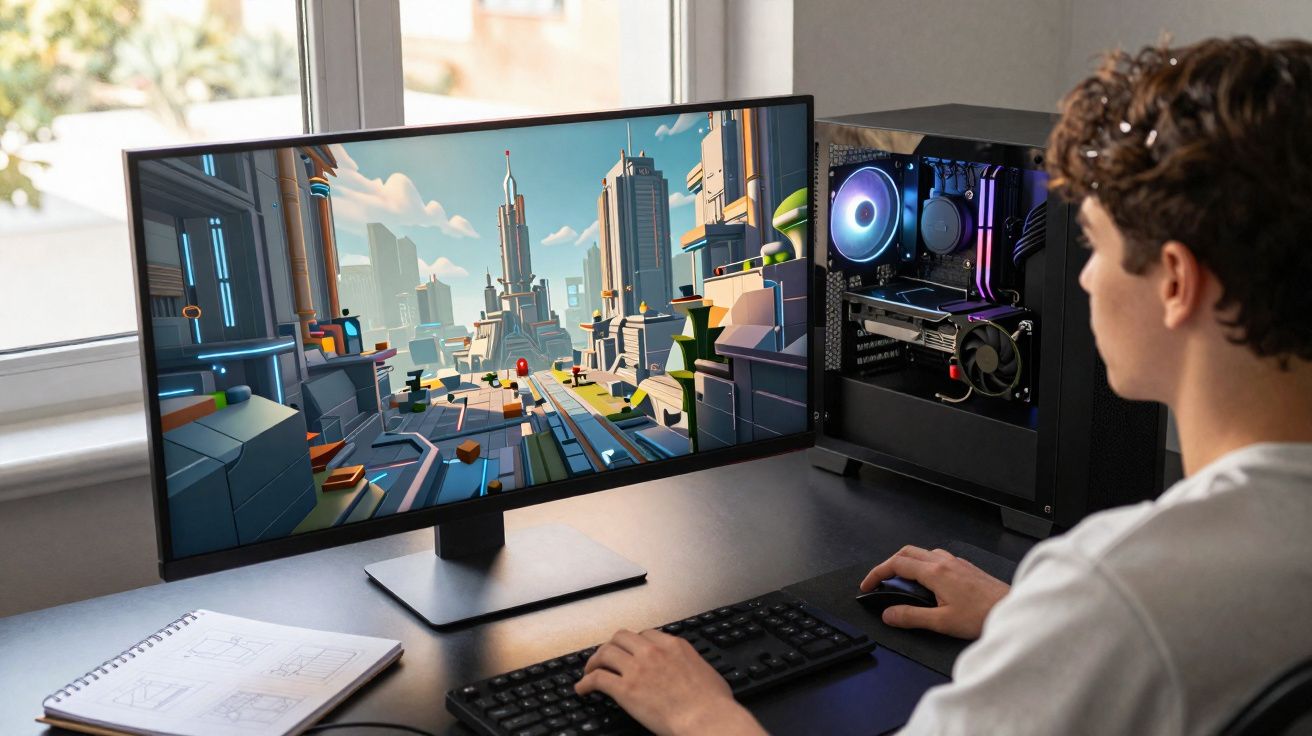 Jovem jogando jogo eletrônico futurista em computador com monitor ultrawide em mesa perto da janela.