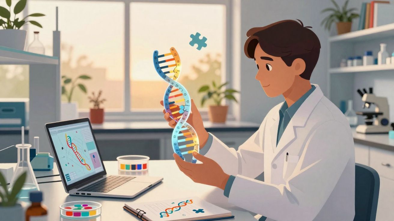Cientista segurando modelo de DNA em quebra-cabeça em laboratório com computador e equipamentos científicos.