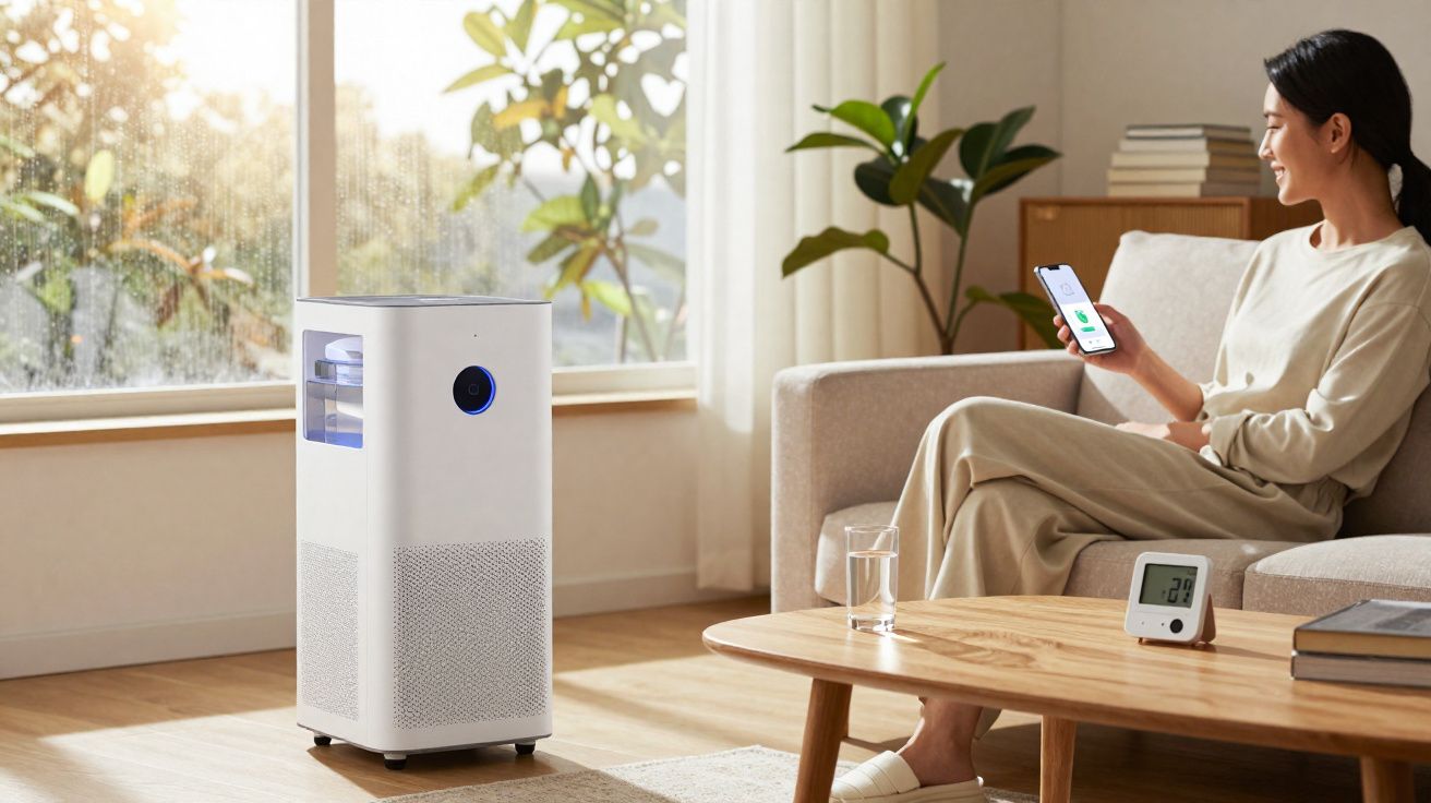 Mulher sorrindo sentada no sofá usando celular com purificador de ar e medidor de temperatura na sala iluminada.