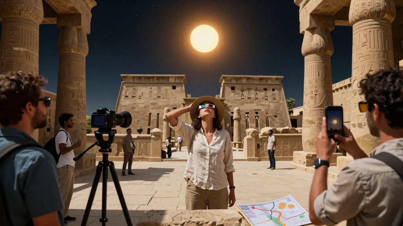 Turistas exploram templo egípcio antigo à noite sob a luz brilhante da lua cheia.