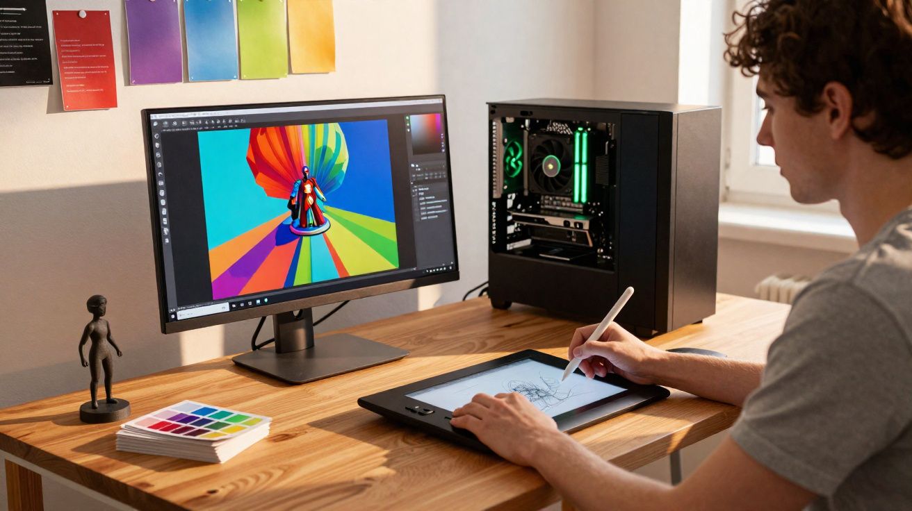 Pessoa usando mesa digitalizadora para desenhar personagem em escritório com computador e amostras de cores.