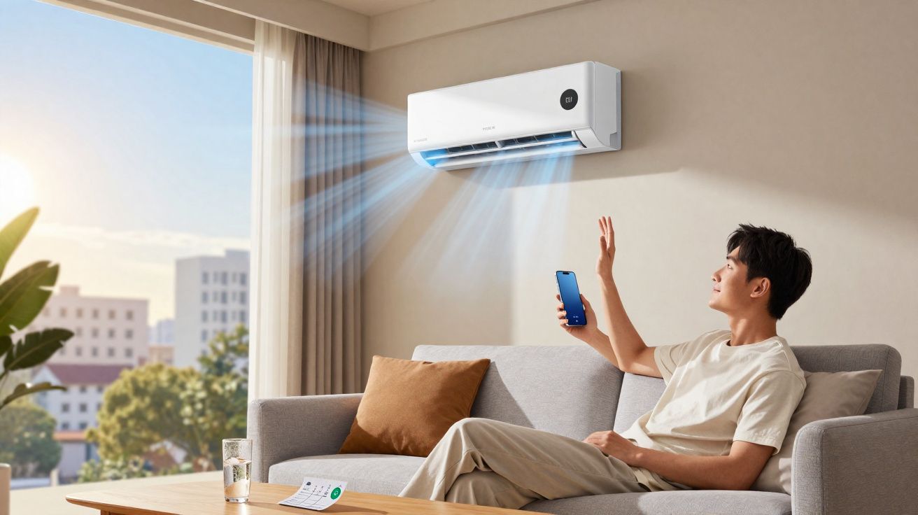 Homem sentado no sofá controlando o ar-condicionado pelo celular em uma sala iluminada.