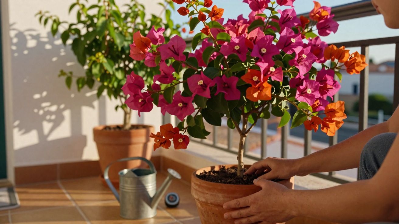 Pessoa cuidando de planta com flores rosa e laranja em vaso de barro em varanda ensolarada.