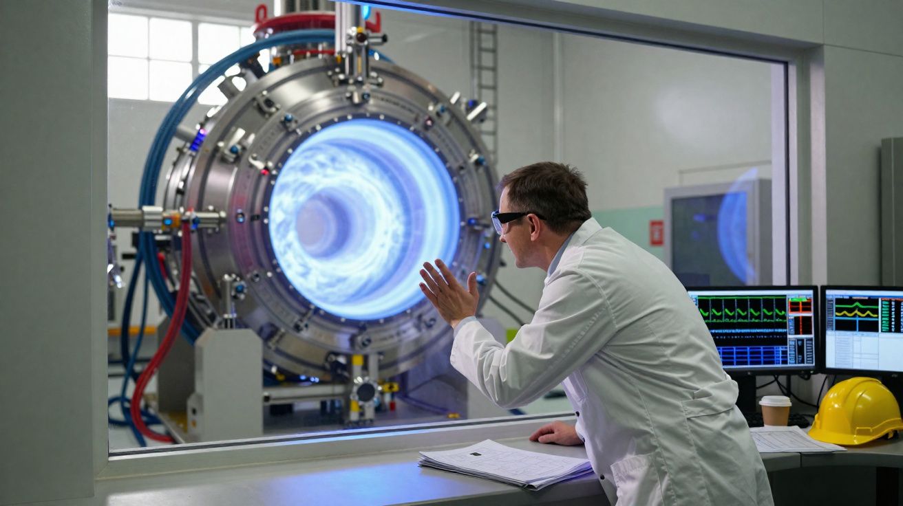 Pesquisador em jaleco e óculos de proteção observa máquina científica com túnel luminoso azul.