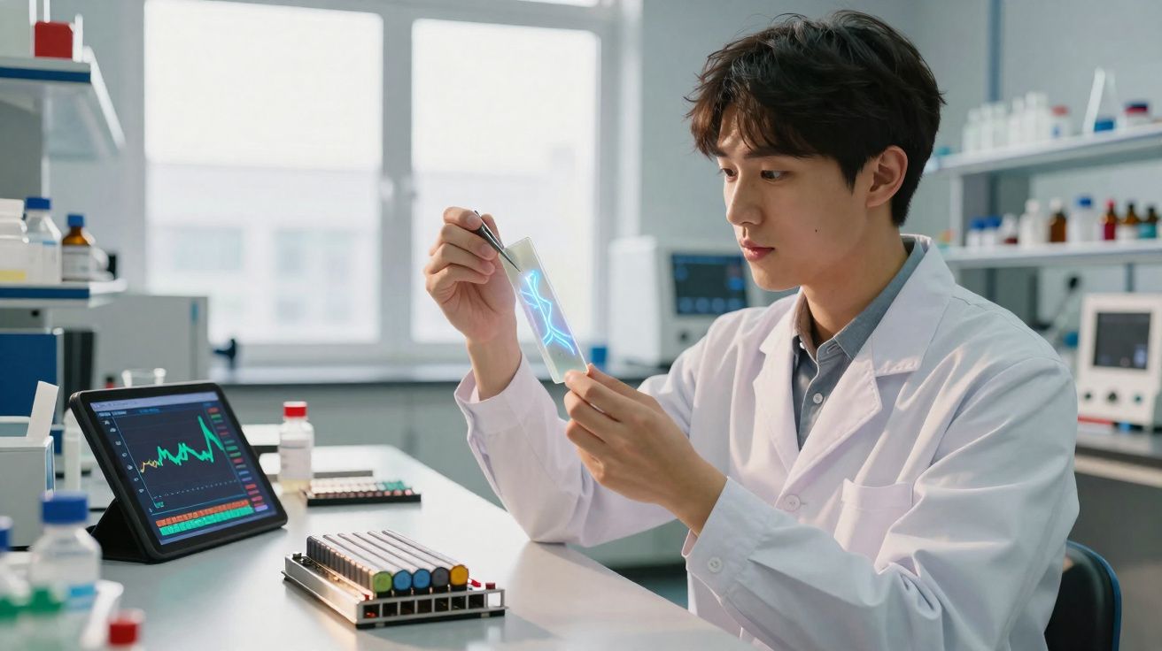 Cientista em laboratório analisando lâmina com imagem digital holográfica, ao lado de tablet com gráficos.