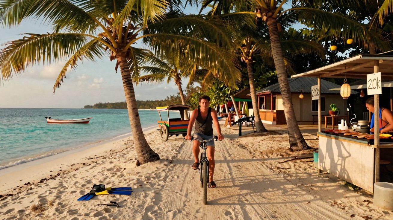 Homem andando de bicicleta na praia de areia branca com coqueiros e barracas ao entardecer.