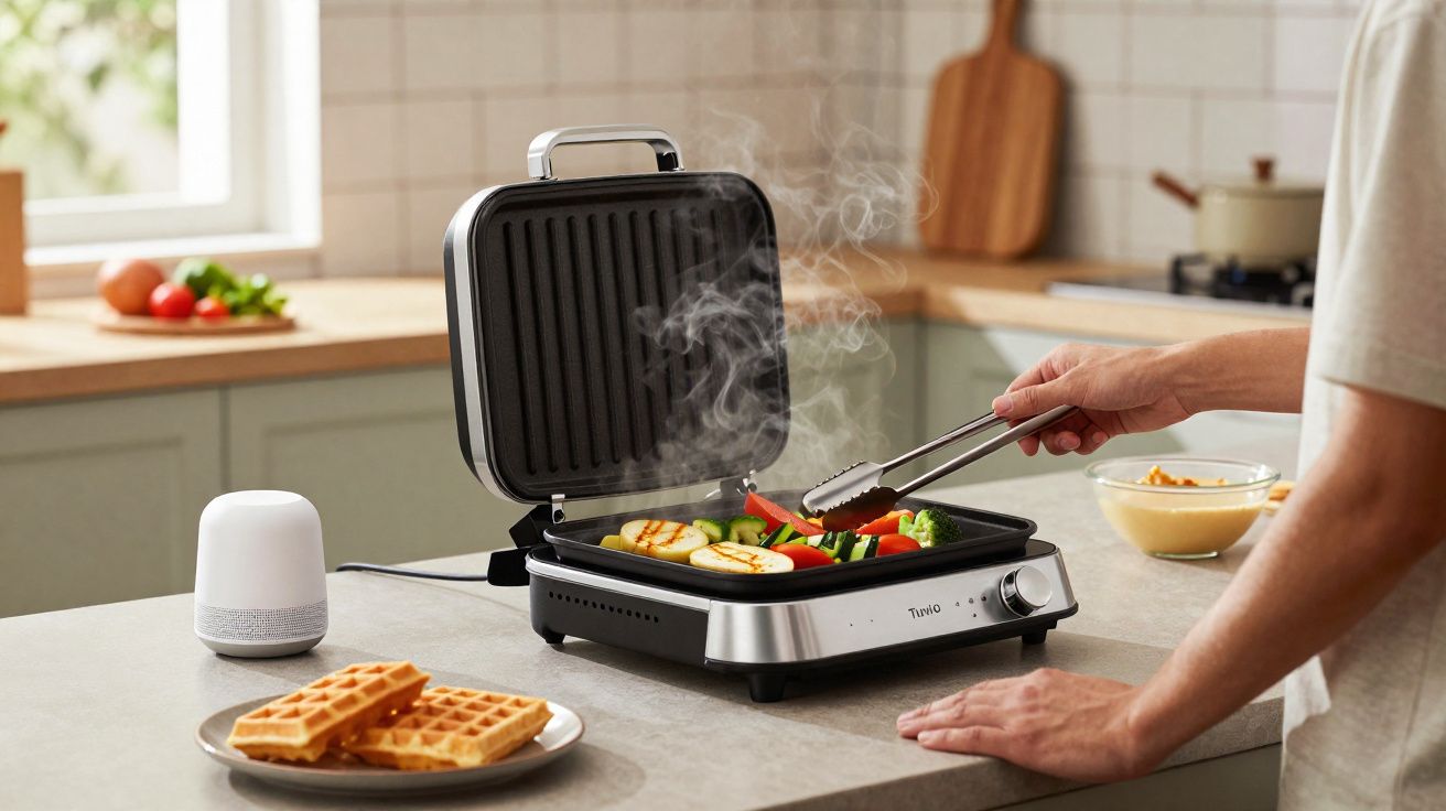 Pessoa grelhando legumes em grill elétrico aberto na cozinha com waffles em prato próximo.