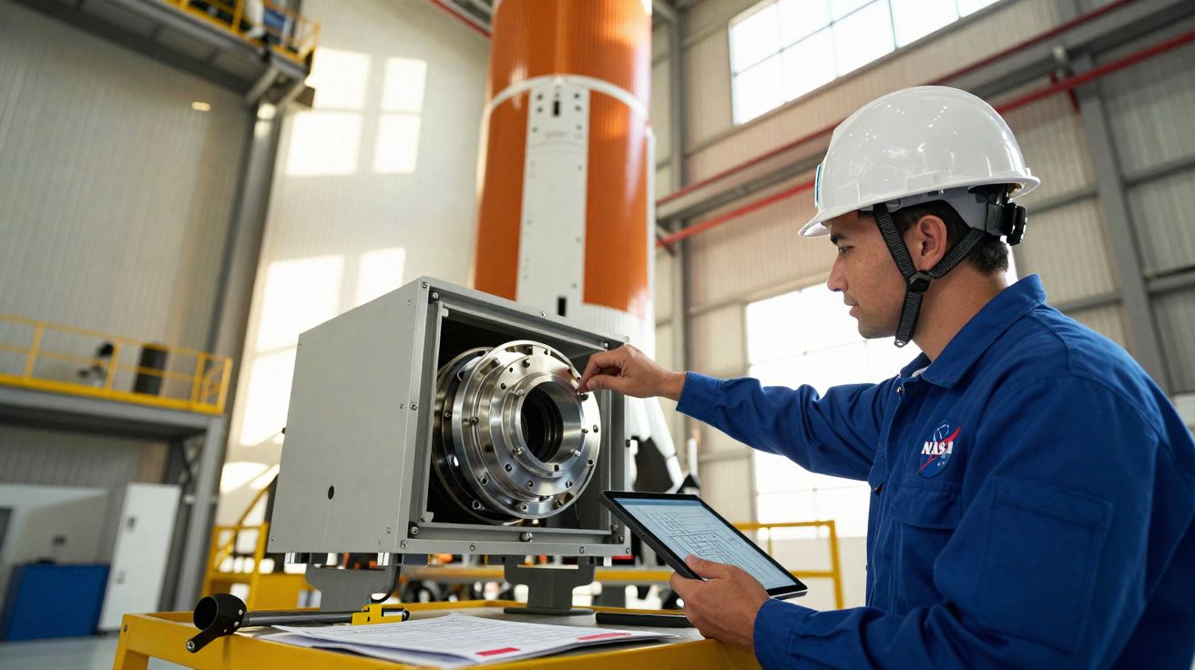 Engenheiro da NASA com capacete branco analisa equipamento tecnológico em instalação industrial.