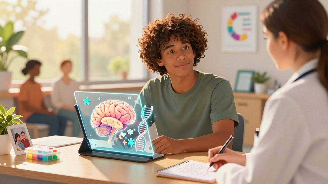 Jovem conversa com médica sobre saúde mental, tablet exibe holograma de cérebro e DNA na mesa.