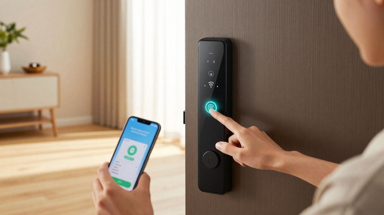 Pessoa usando leitor biométrico e celular para desbloquear fechadura digital preta em porta marrom.