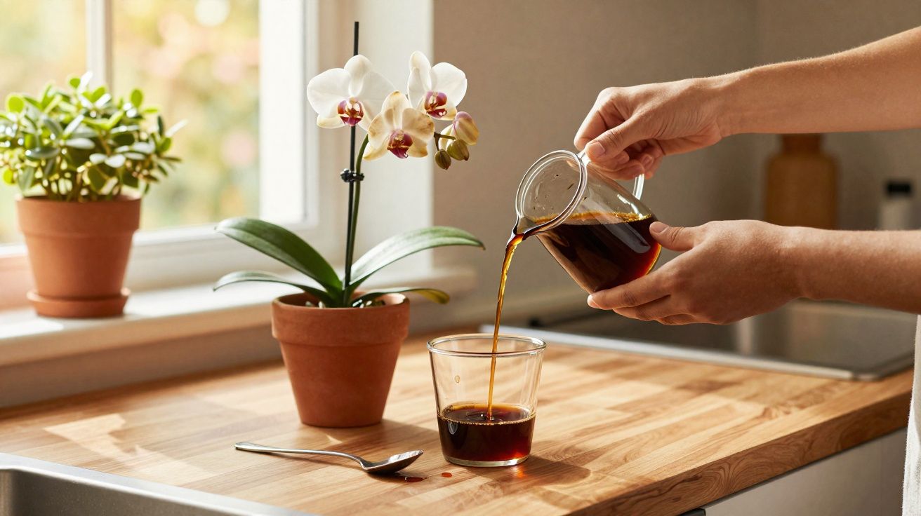 Mãos servindo café em copo de vidro sobre bancada de cozinha com orquídea e planta ao fundo.