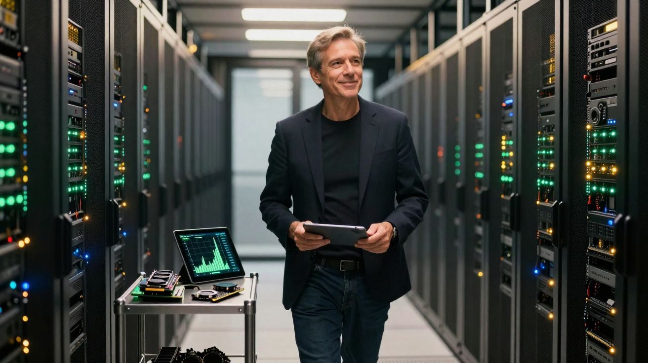 Homem segurando tablet caminhando entre servidores de dados em sala de servidores moderna e iluminada.