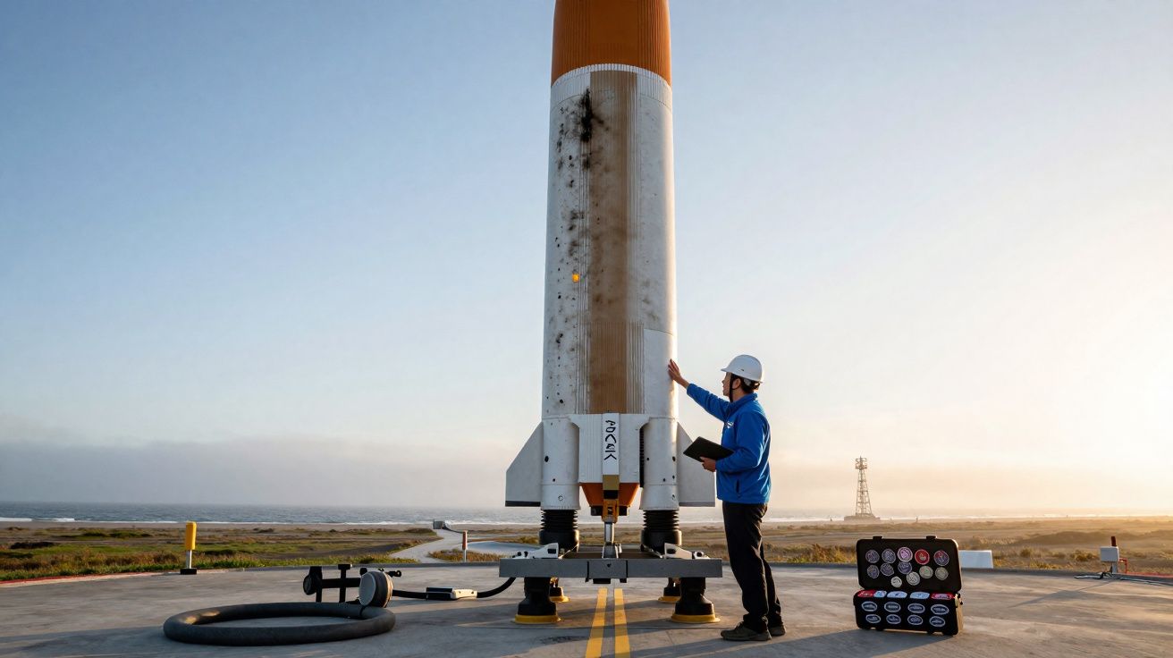 Técnico inspecionando foguete na plataforma de lançamento ao pôr do sol com malas de ferramentas abertas ao lado.