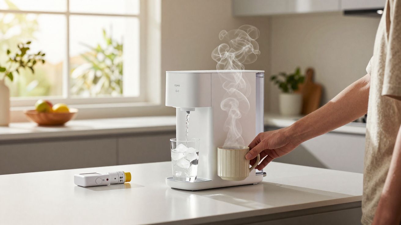 Pessoa segurando xícara de bebida quente ao lado de máquina que serve água com gelo na cozinha.