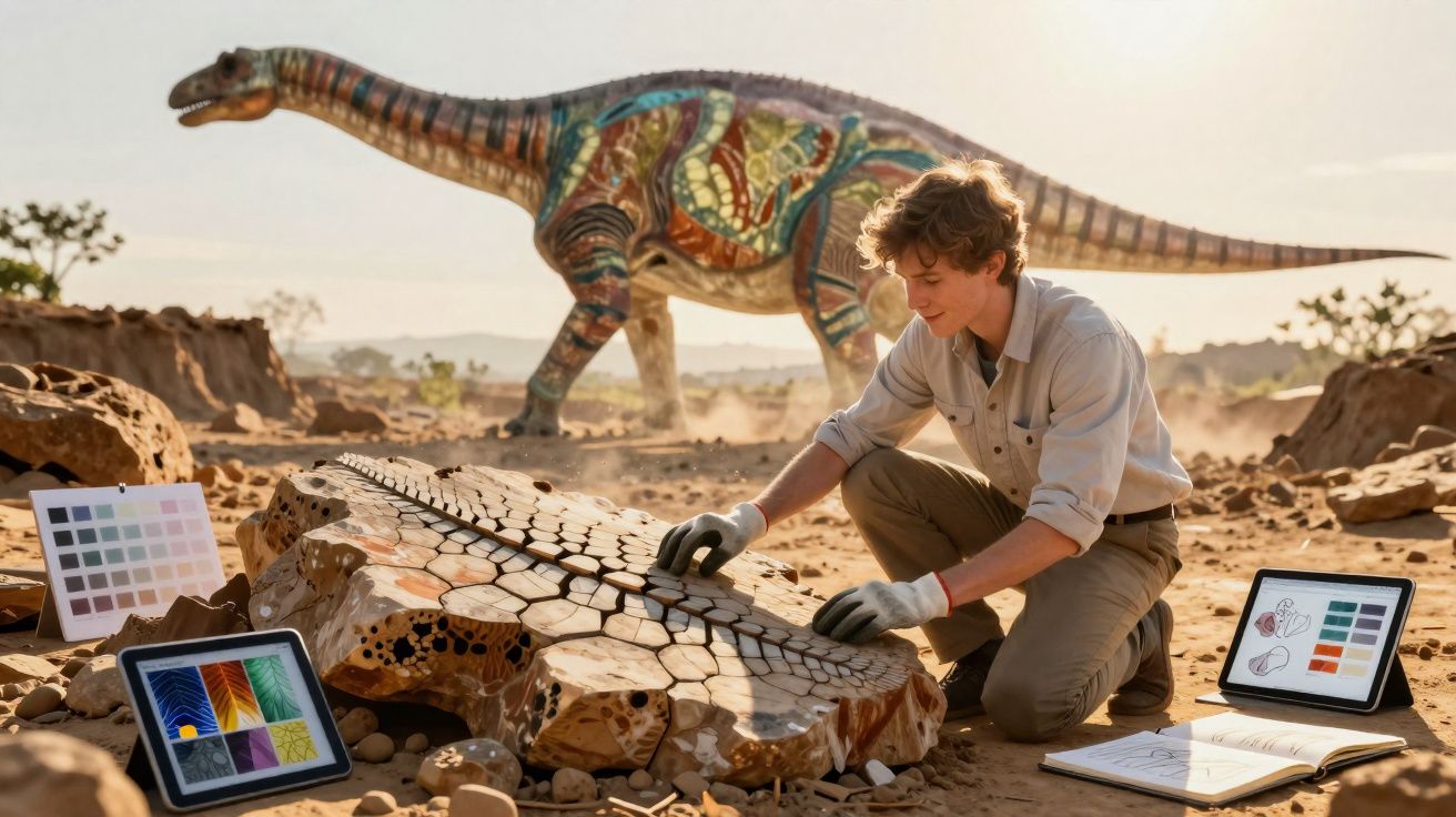 Jovem estudando fóssil gigante ao ar livre, com tablet, caderno e modelo de dinossauro ao fundo.