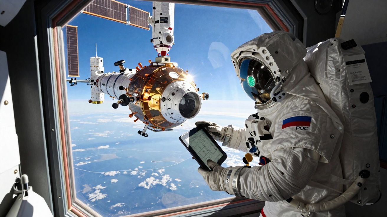 Astronauta russo na Estação Espacial segurando tablet com módulo espacial e Terra ao fundo.