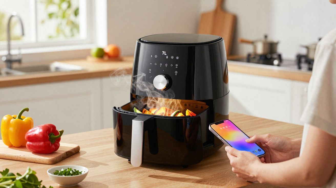 Pessoa controla fritadeira sem óleo preta com legumes, usando smartphone em cozinha iluminada.