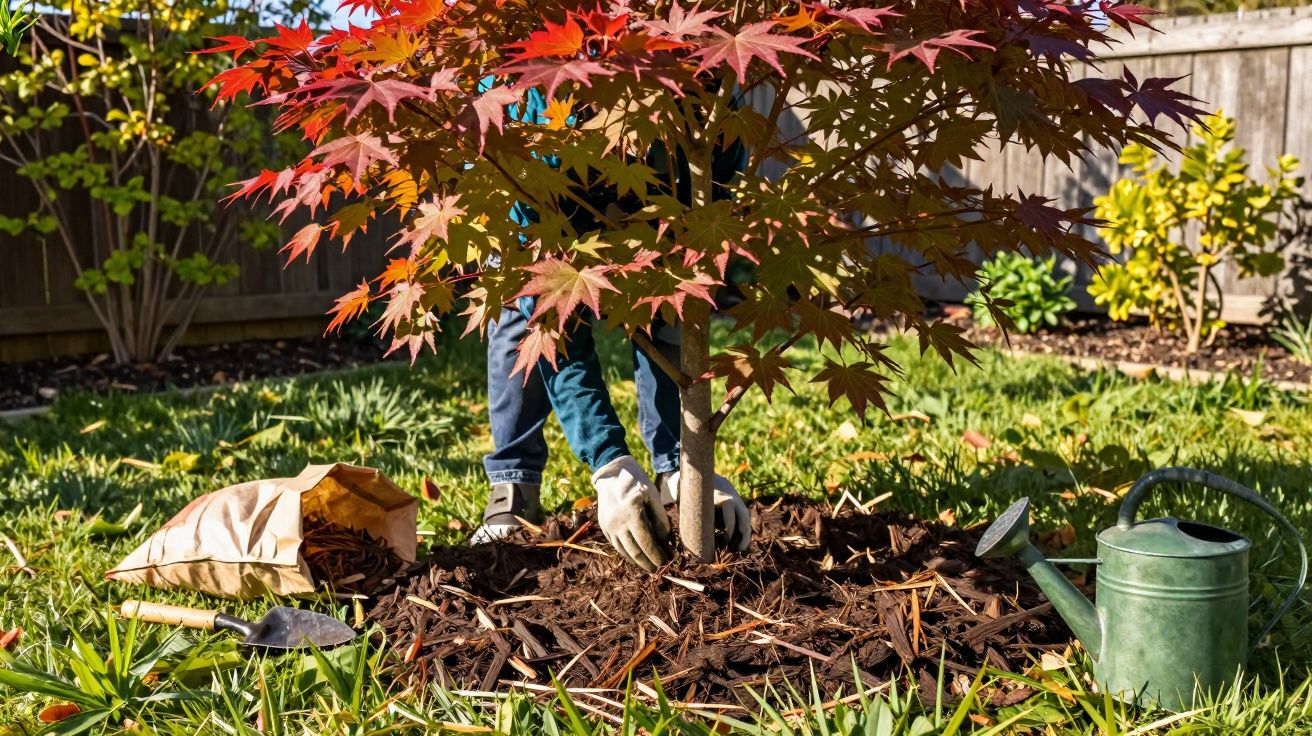 Pessoa cuidando da base de uma árvore com folhas vermelhas, rodeada de ferramentas de jardinagem.