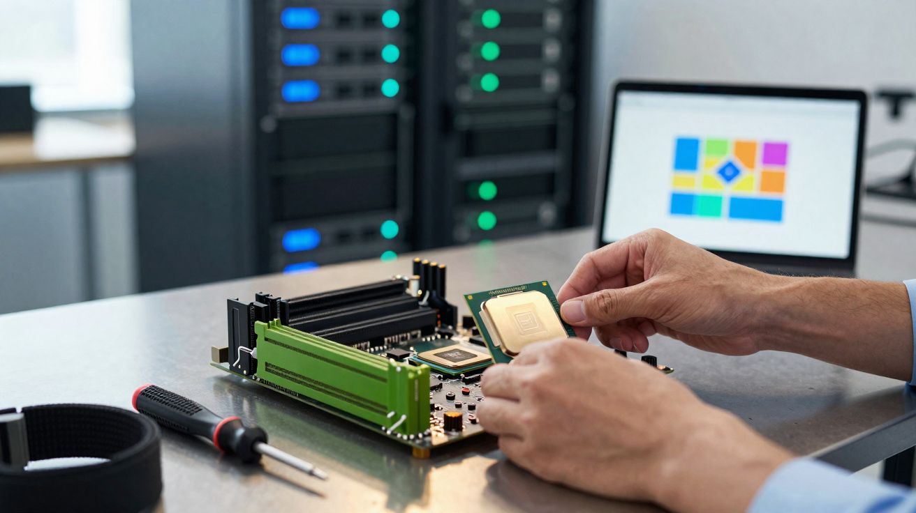 Pessoa instalando processador em placa-mãe sobre mesa com computador e servidores ao fundo.