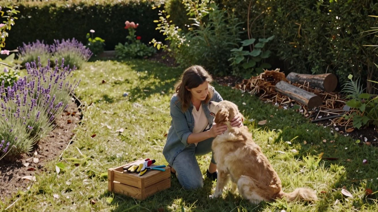 Mulher agachada acariciando cachorro dourado em jardim com flores e caixa de ferramentas.