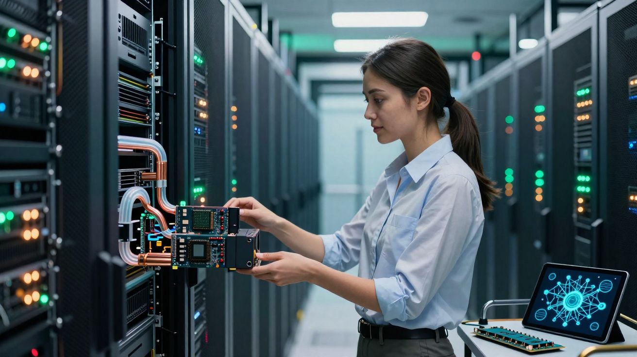 Mulher trabalhando em servidores digitais com placas de circuito e tela de tablet com gráficos tecnológicos.