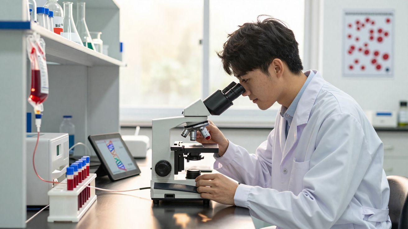 Cientista em jaleco branco analisando amostra no microscópio em laboratório com tubos de ensaio e equipamentos.