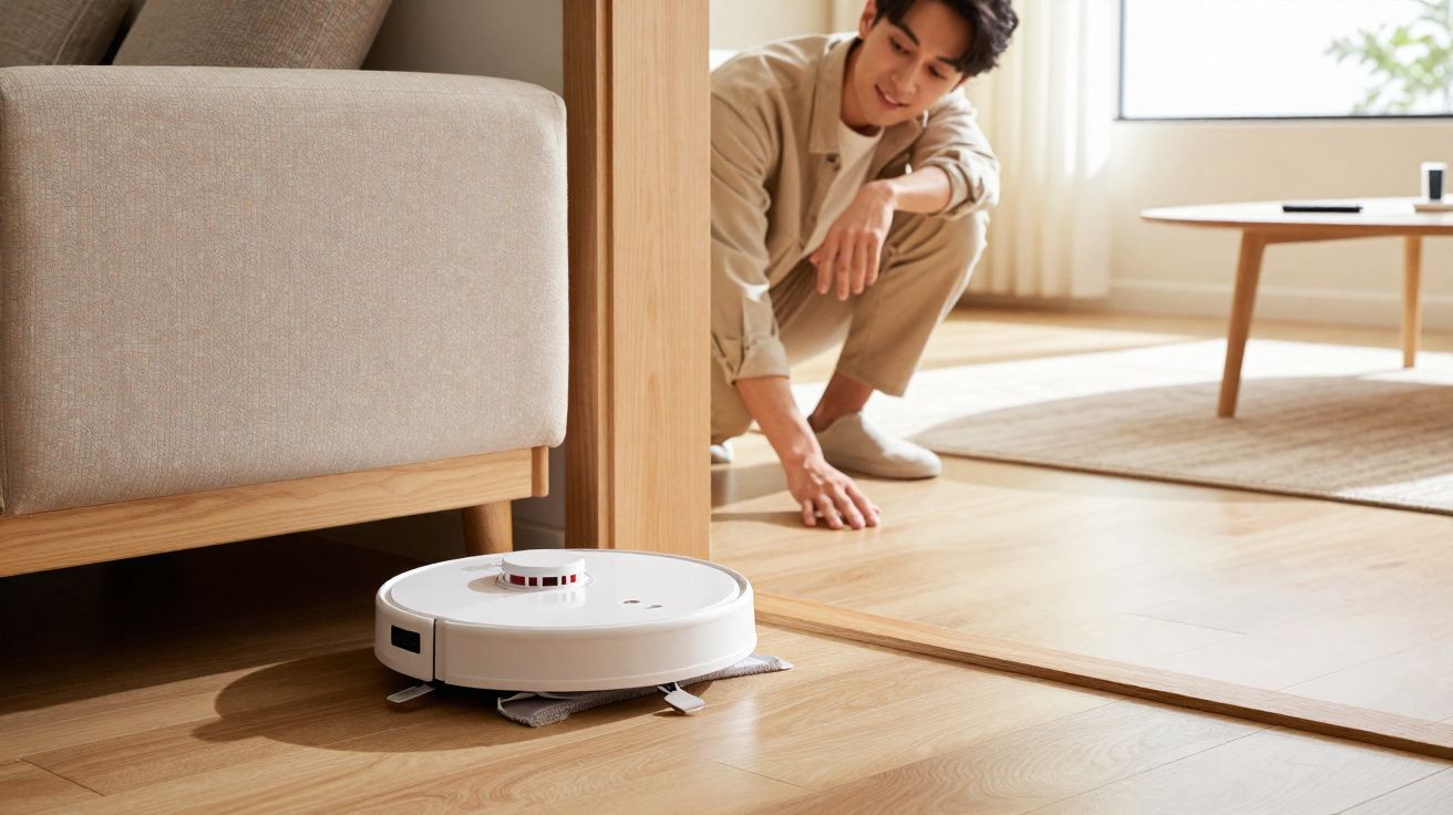 Homem agachado observando aspirador robô limpando chão de madeira em sala iluminada.