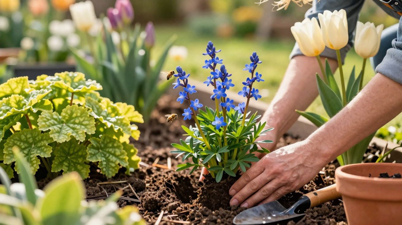 Pessoa plantando flores azuis no jardim com abelhas voando e outras flores ao redor.