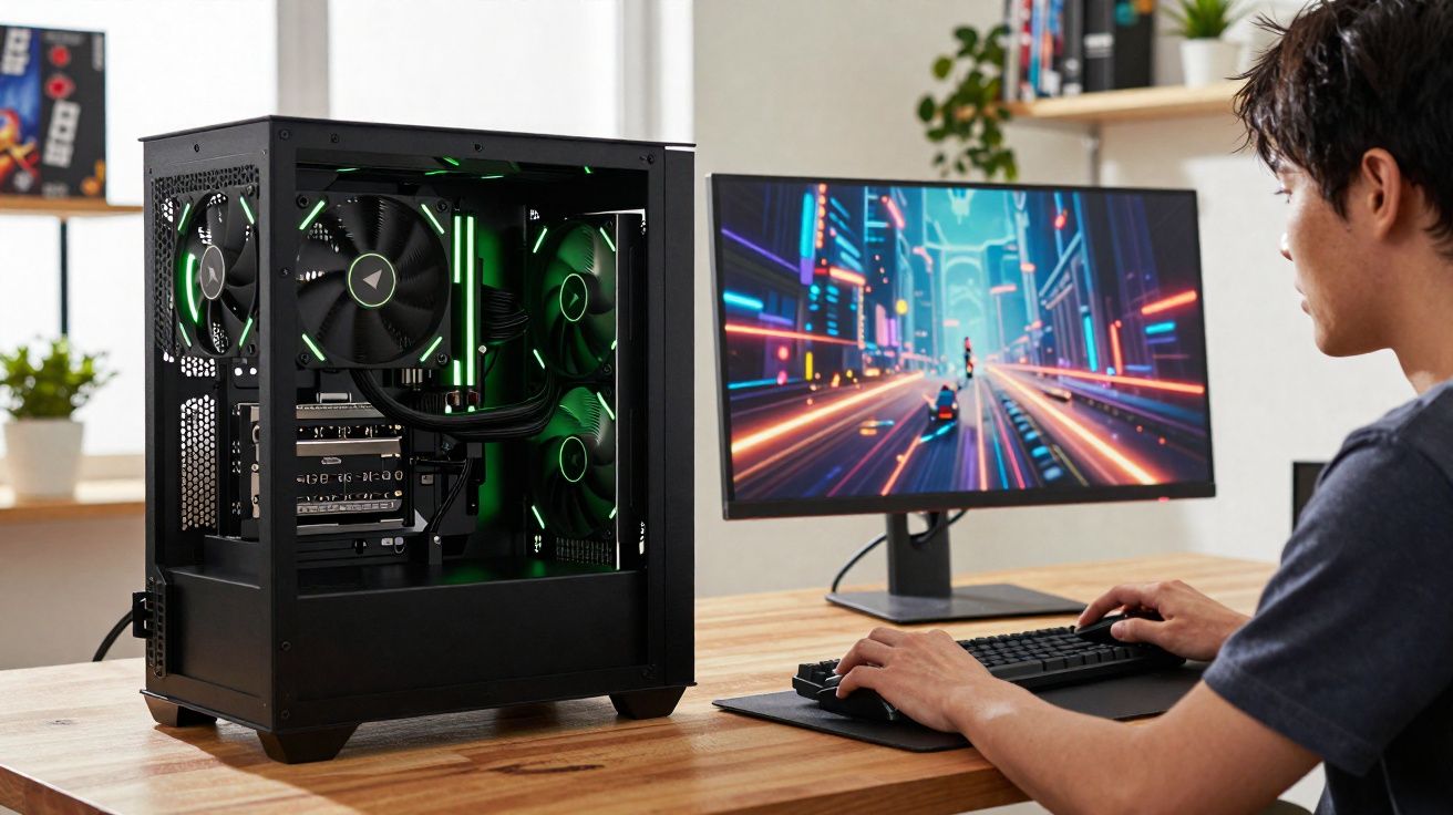 Pessoa jogando videogame em computador com torre iluminada por LED verde em mesa de madeira.