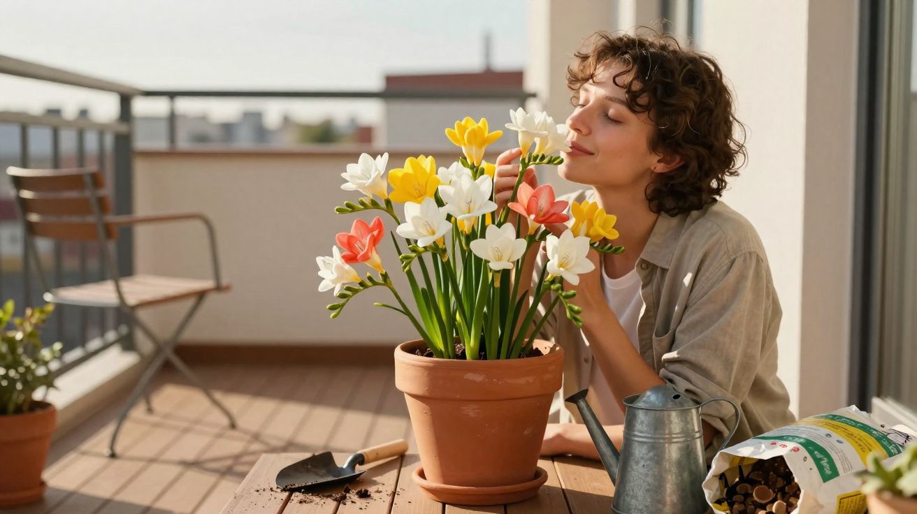 Mulher sentada em varanda cuidando e cheirando flores coloridas em vaso de barro sobre mesa de madeira.