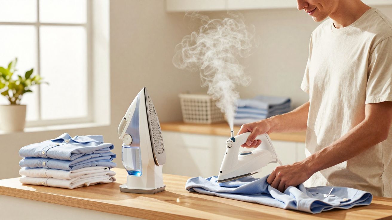 Homem passando roupa a vapor em camisa azul clara em mesa com ferro e roupas dobradas.