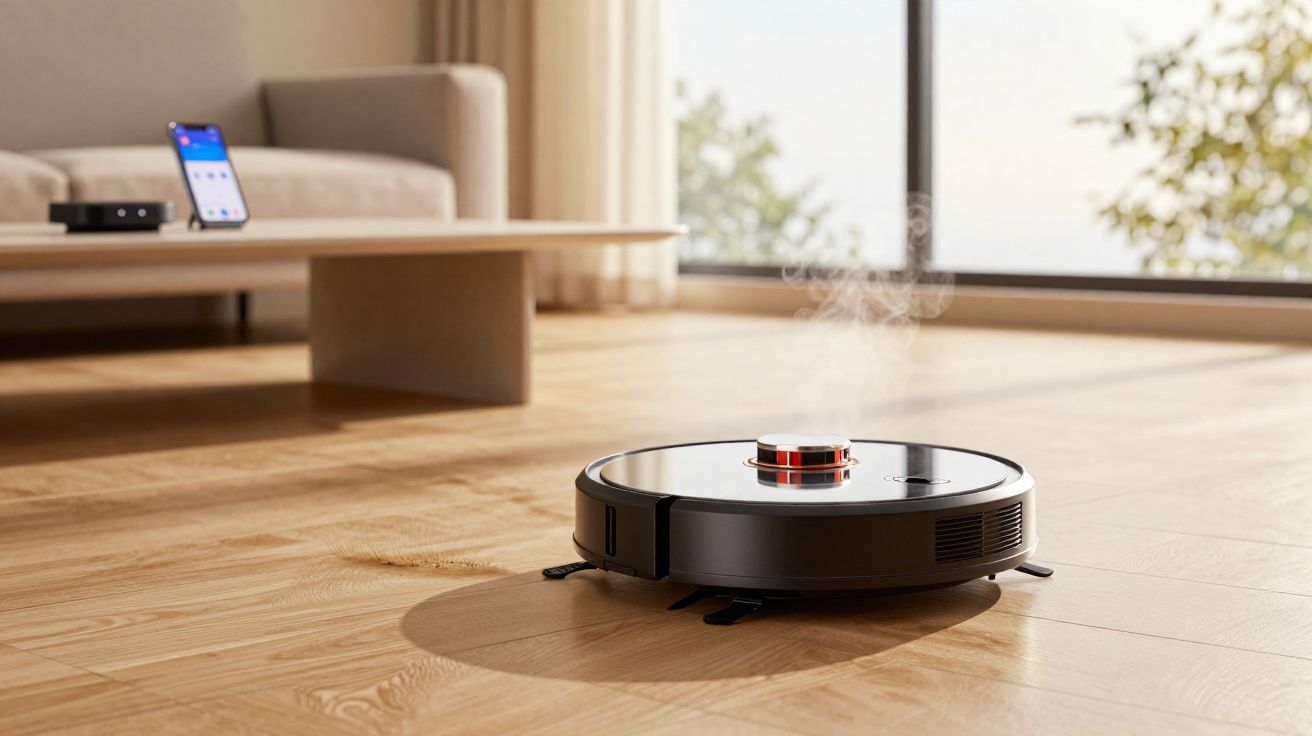 Robô aspirador de pó preto limpando chão de madeira em sala com sofá e mesa.