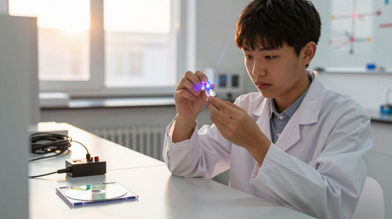 Jovem cientista em laboratório vestindo jaleco branco, segurando dispositivo com luzes LED azuis.
