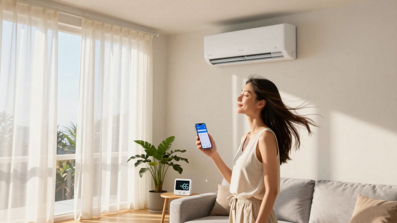 Mulher ajustando ar-condicionado pelo celular em sala iluminada com sofá, planta e janela com cortinas.