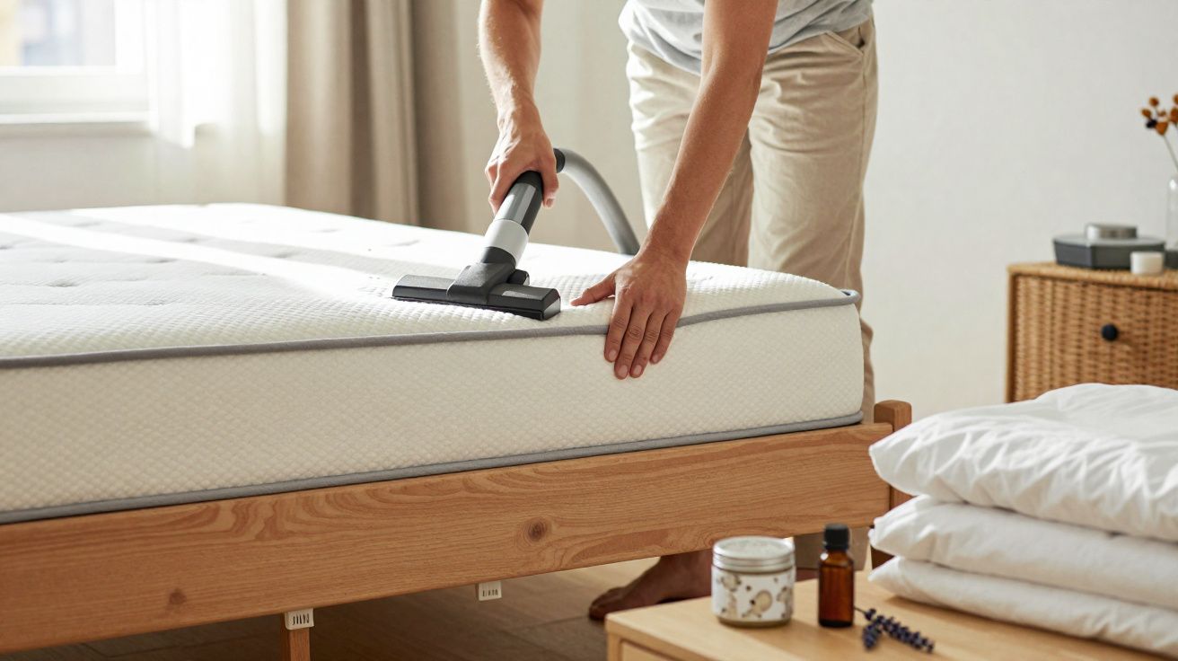 Pessoa aspirando o colchão branco em cama de madeira em quarto iluminado e organizado.