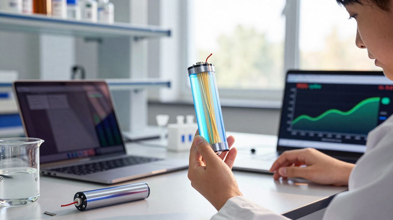 Pesquisador observando bateria cylindrical transparente em laboratório com laptops e gráfico ao fundo.