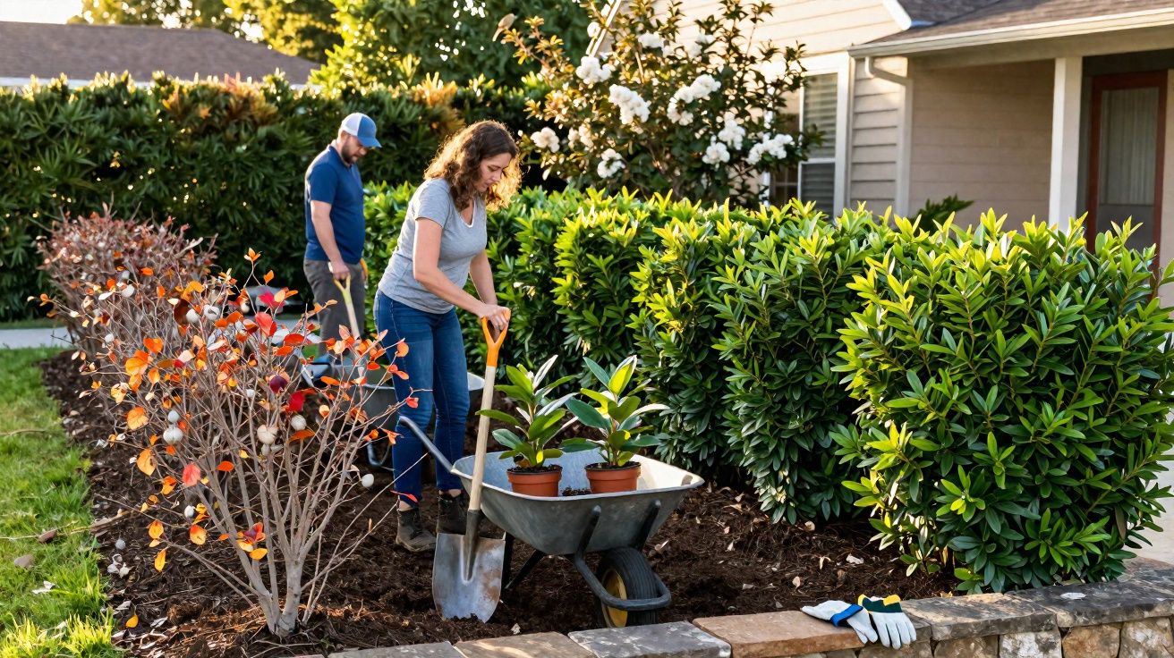 Casal jardinando no quintal de casa, com mulher usando pá e homem ao fundo com ancinho.