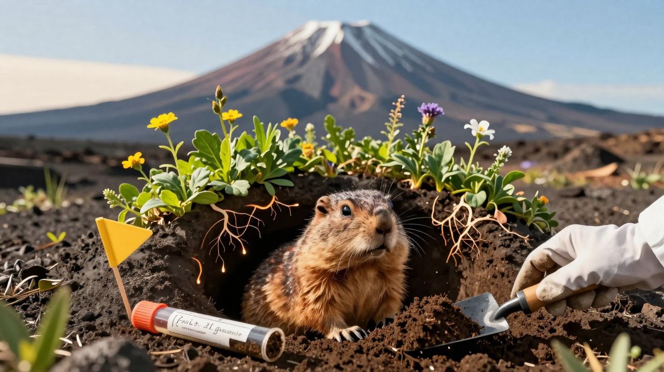 Pequeno roedor saindo de buraco no solo com plantas, escavado por mão com luva e montanha ao fundo.