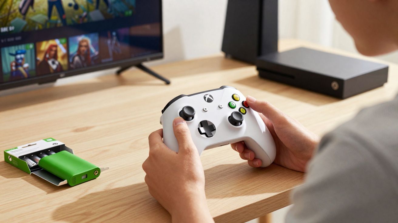 Pessoa segurando controle branco de videogame Xbox em frente a televisão com jogos na tela.