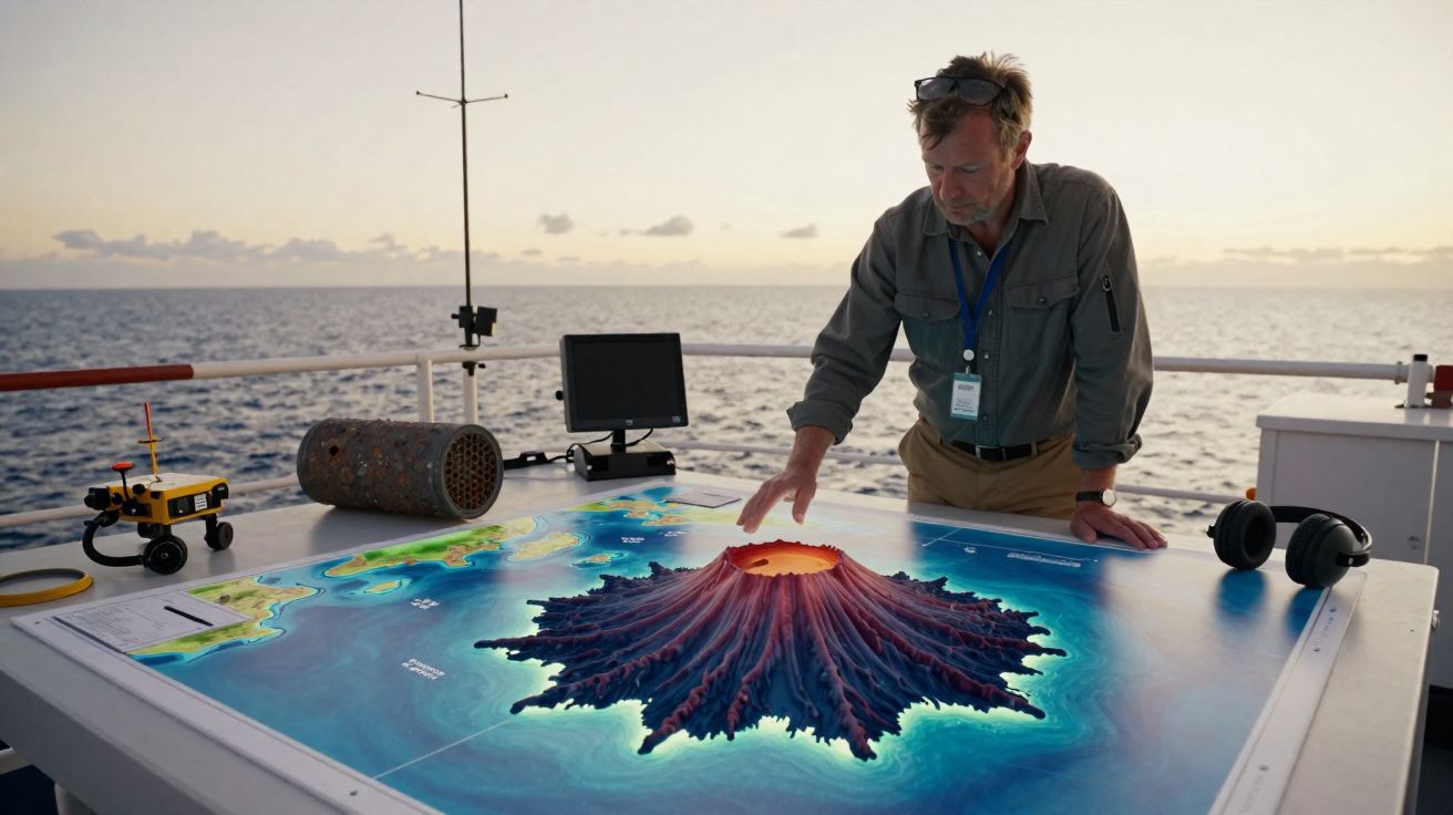 Homem analisa modelo digital de vulcão em mesa interativa a bordo de navio ao entardecer no mar.