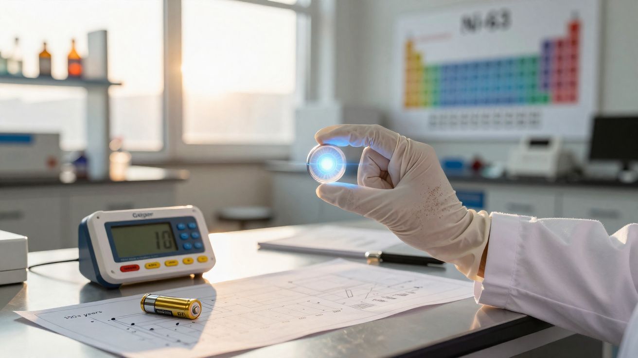 Mão com luva segurando célula a combustível transparente em laboratório com equipamentos e tabela periódica.