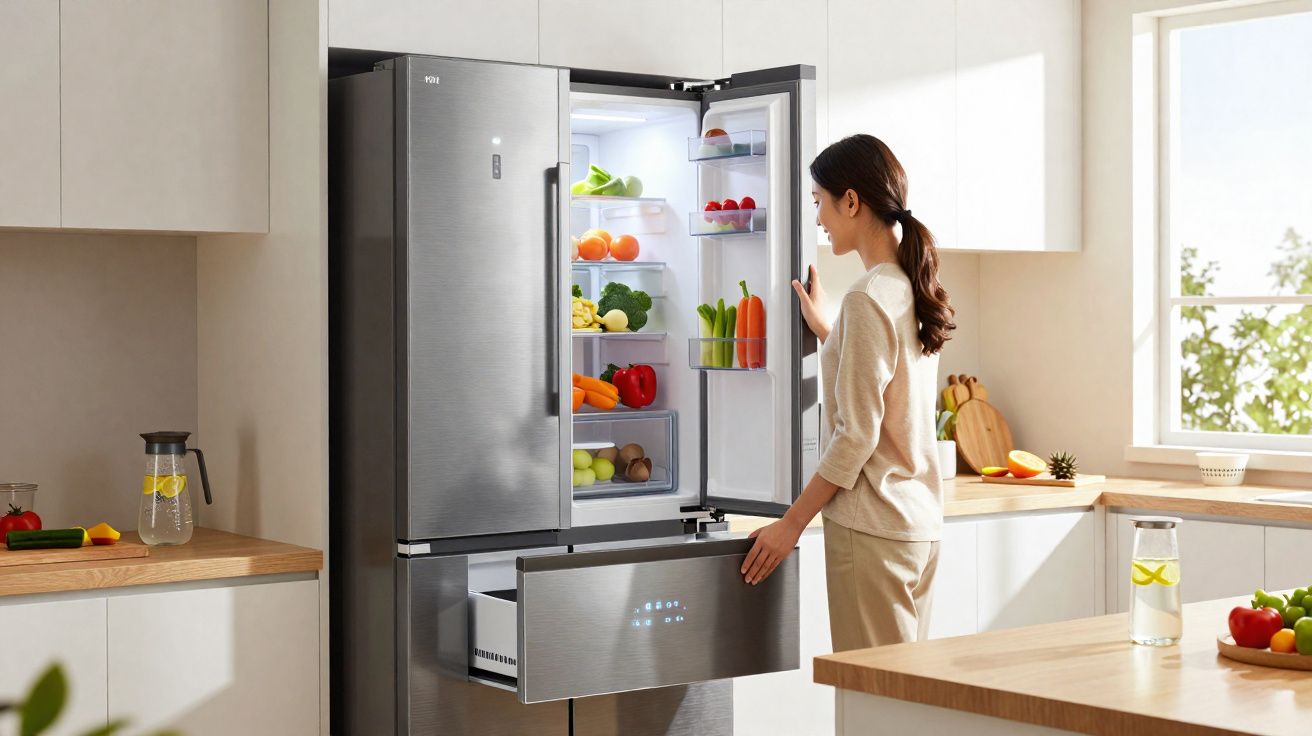 Mulher abrindo geladeira moderna de aço inox cheia de frutas e vegetais em cozinha clara e organizada.