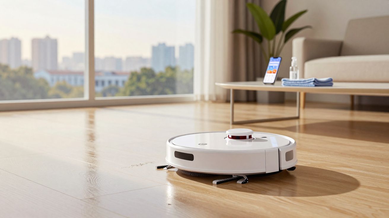 Robô aspirador branco limpando chão de madeira em sala com sofá e mesa ao fundo.